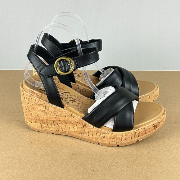 Blowfish Barbados Cork Wedge Sandals Womens 10 Black Ankle Strap Buckle - Picture 3 of 9